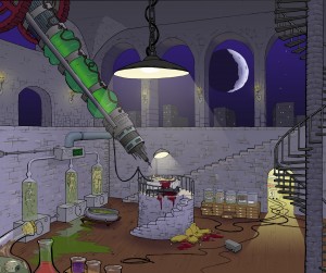 Digitally coloured quill inked illustration of a twisted mad scientists laboratory.
